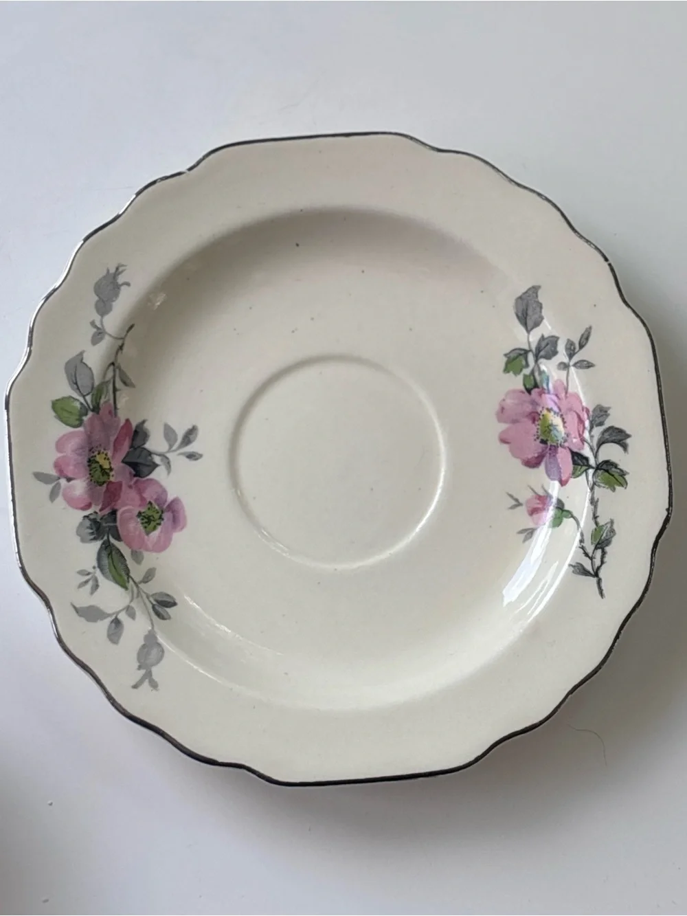 Vintage W.S. George Cream Floral Teacup and Saucer Set with Pink Rose Motif